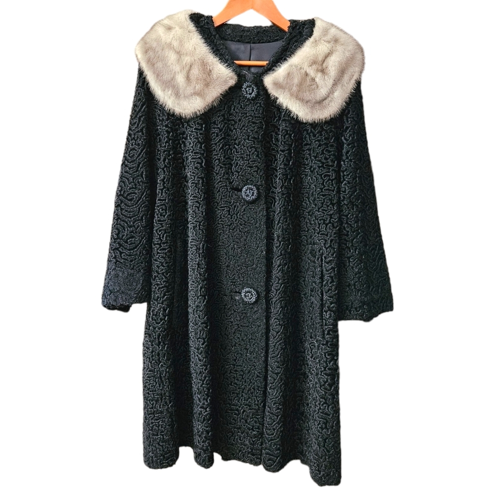 Vintage Astrakin by Lepshire Black Curly Lamb Coat Made in France